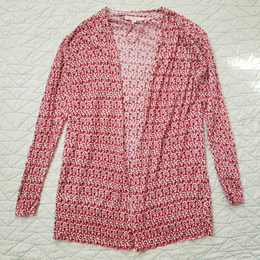 LOFT Pink Floral Long Open Sweater Cardigan